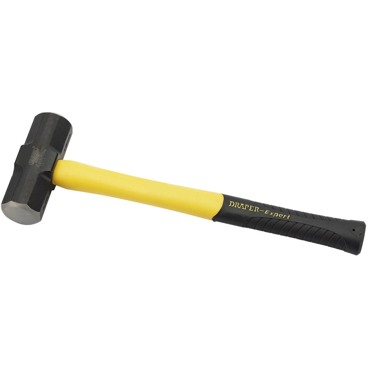 A Draper Expert Fibreglass Short Shaft Sledge Hammer, 1.8Kg/4Lb - FG4S/L, comes in black and yellow with "Draper Expert" written on the handle. It features a shock-absorbing grip for handling and a fibreglass core shaft for durability.