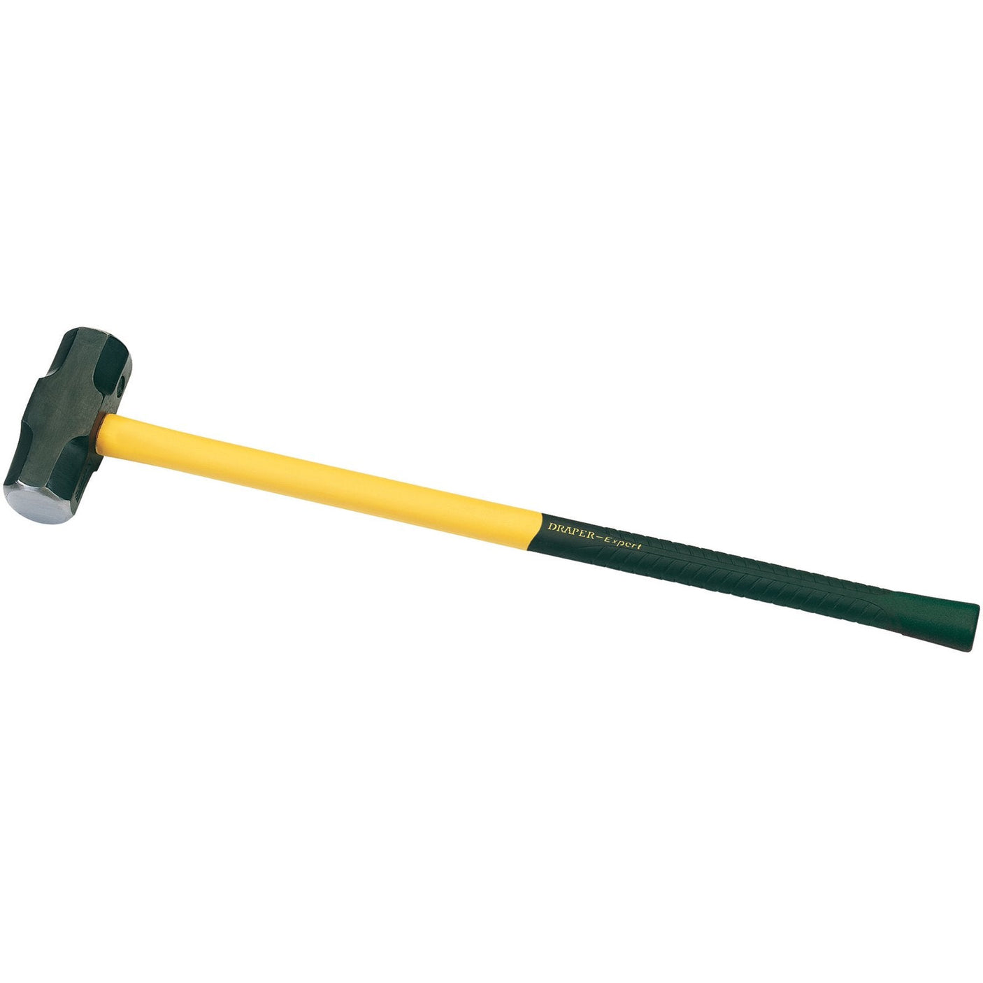 The Draper Expert Fibreglass Shaft Sledge Hammer, 3.2Kg/7Lb - FG4/L, features a durable yellow fibreglass shaft, a green head and grip with shock-absorbing properties, and is displayed against a white background.