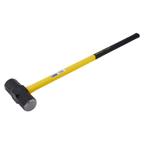 A Draper Expert Fibreglass Shaft Sledge Hammer, weighing 6.4Kg/14Lb, featuring a yellow handle with a black forged carbon steel head and a shock-absorbing rubber grip, placed against a white background.