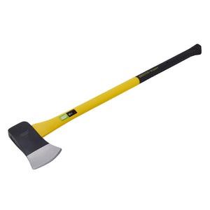 Image of a Draper Felling Axe with a fibreglass shaft, weighing 1.6kg (model FG5/L), featuring a yellow and black shock-absorbing rubber grip and a silver forged carbon steel blade.