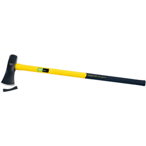 The Draper Fibreglass Shaft Log Splitting Maul, 2.7Kg - FG6/L, showcases a yellow and black color scheme with a long fibreglass shaft and a shock-absorbing rubber grip. Its carbon steel head is complemented by an adjacent rubber guard cover.