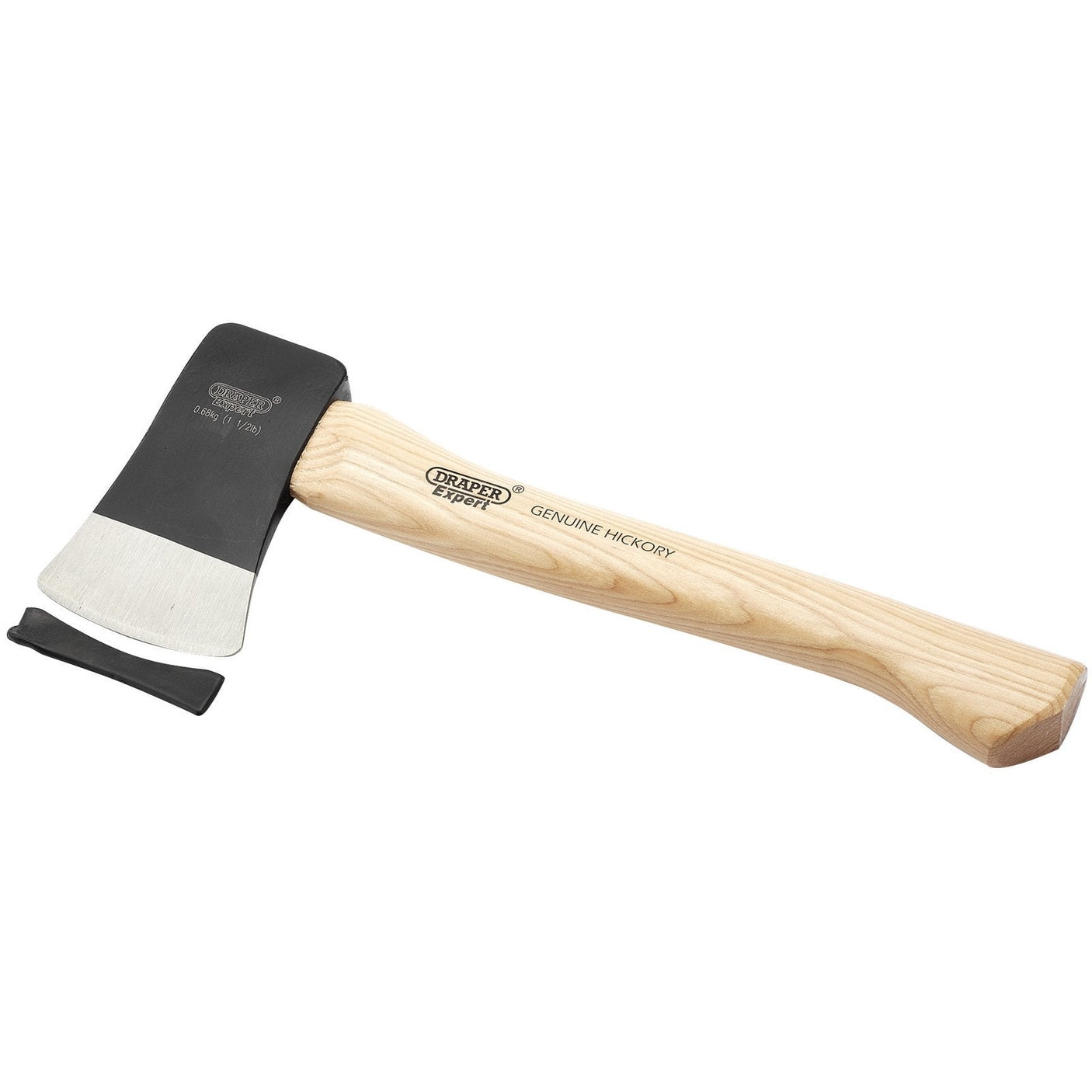 The Draper Yankee Pattern Hand Axe, 680G - 1502/L, features a black forged carbon steel head and a hickory shaft with "Genuine Hickory" text on the handle.