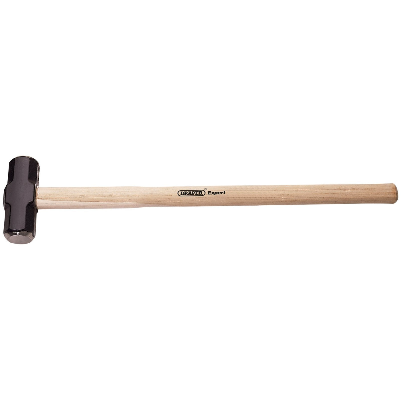 A sledgehammer labeled "Draper Expert Hickory Shaft Sledge Hammer, 3.2Kg/7Lb - 6220/L" featuring a durable wooden handle and a solid black, double-faced head made of high carbon steel for enhanced durability.