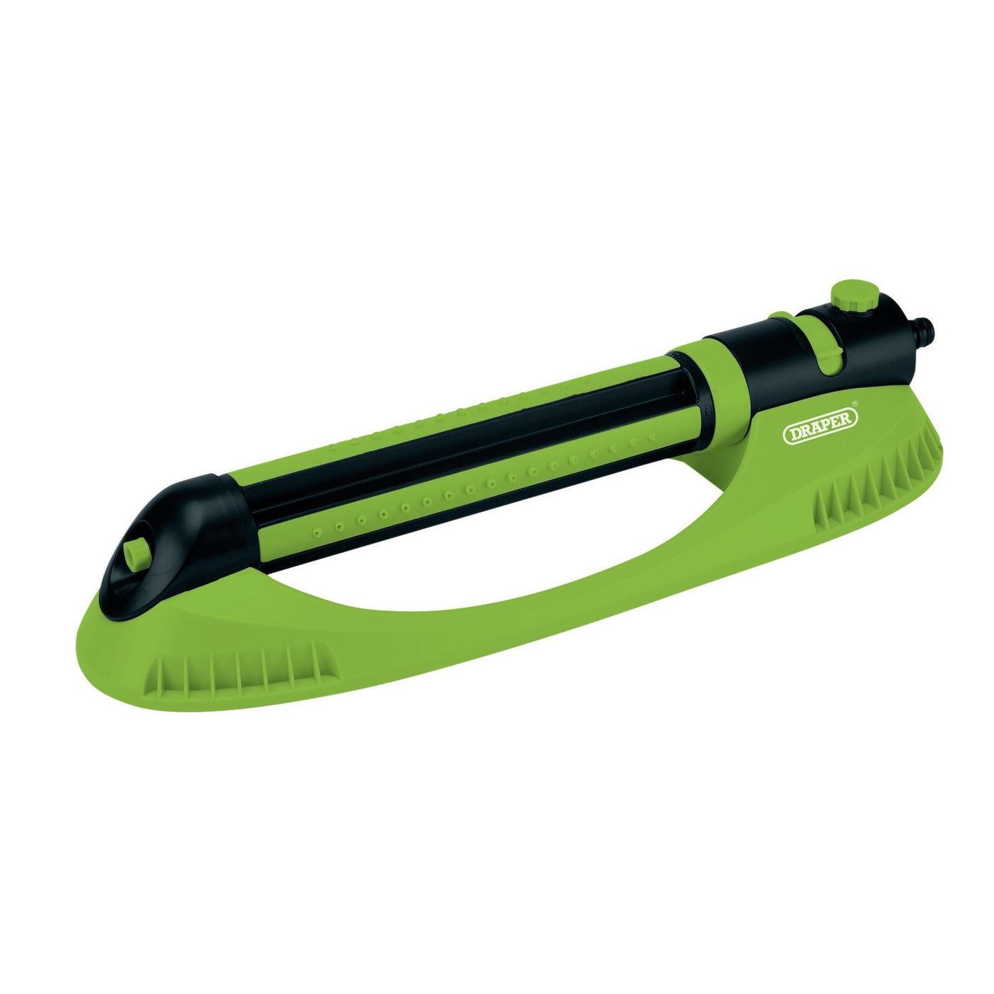 The Draper Oscillating Sprinkler With 9-21 Jets - OSC-S2 features a green and black rectangular base, adjustable jets, and an easy-to-use spray pattern dial.