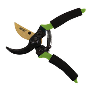 A pair of Draper Bypass Secateurs With Foam Grips, 203mm - BSFG featuring a green and black design, ergonomic foam grip handles, and a curved high carbon steel cutting blade.