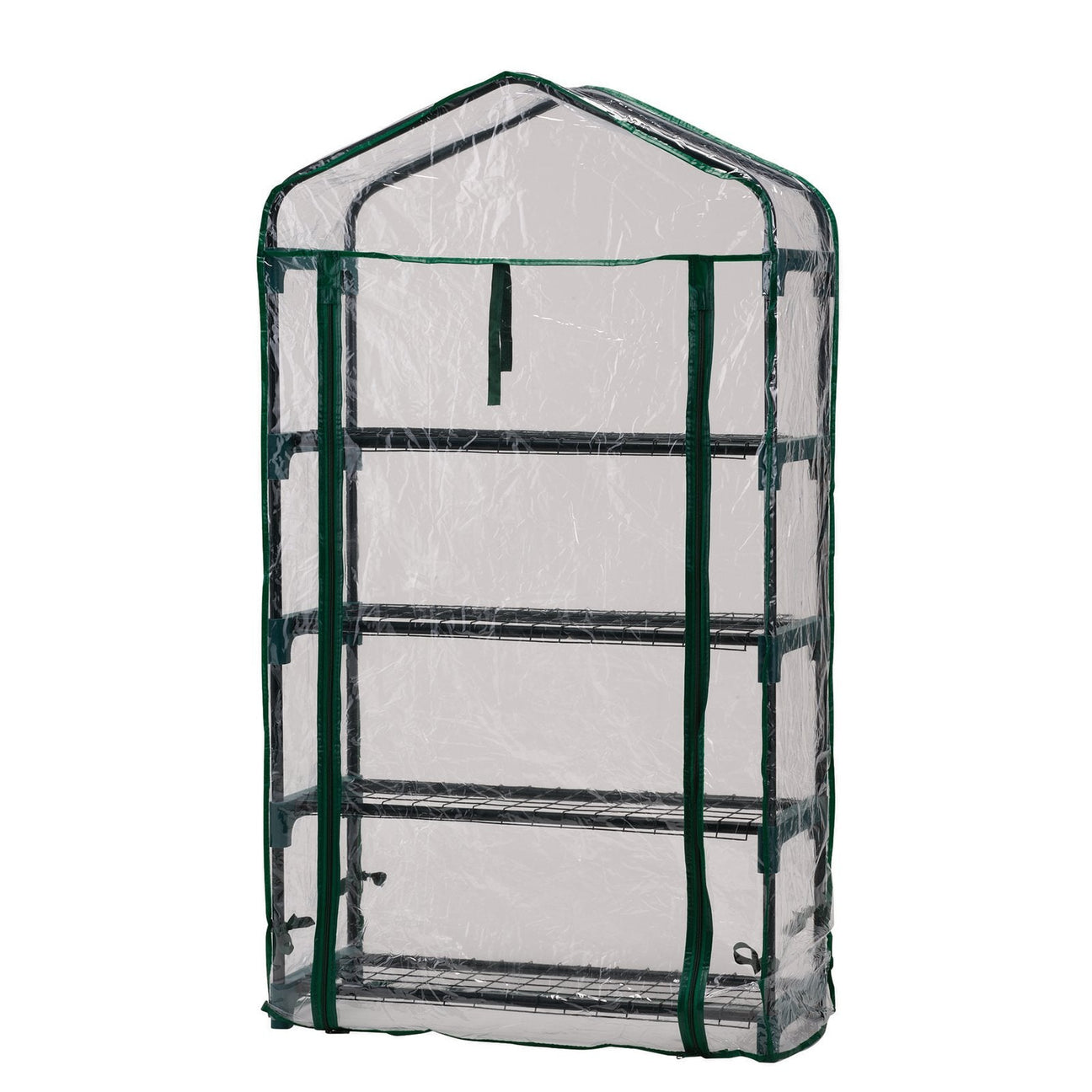 Introducing the Draper 4-Tier Greenhouse - MG4 by Draper: a compact, clear plastic greenhouse featuring a robust steel frame and multiple shelves for optimal plant storage.