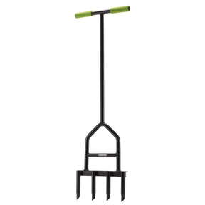 The Draper 4-Prong Lawn Aerator - GLAHD is a heavy-duty lawn aerator featuring a T-shaped tubular steel handle with green grips for comfortable use, designed with four prongs for efficient soil aeration.