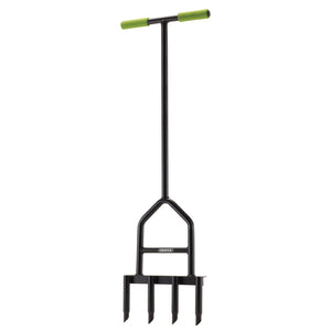 The Draper 4-Prong Lawn Aerator - GLAHD is a heavy-duty lawn aerator featuring a T-shaped tubular steel handle with green grips for comfortable use, designed with four prongs for efficient soil aeration.