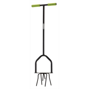 The Draper Long Handled Heavy Duty Garden Tiller - GTHD by Draper is a black and green garden tiller with a T-shaped handle, made from durable tubular steel, and featuring four curved metal tines.