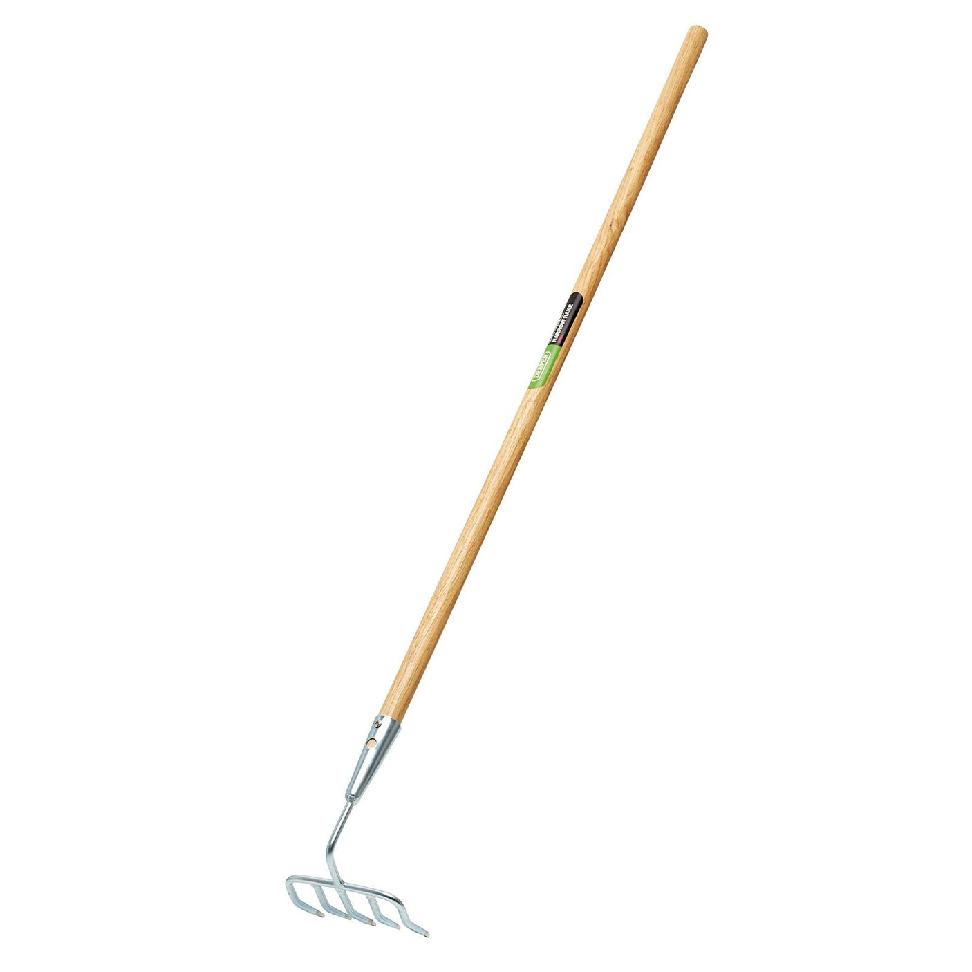 The Draper Long Handled Steel Narrow Rake - GSRH features a durable, small galvanised steel rake head and a long wooden handle.