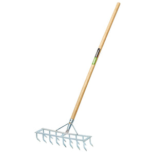 The Draper Long Handled Steel Harrow Rake And Scarifier - GHR, from the renowned Draper brand, features a sturdy wooden handle and a galvanised steel head equipped with sharp tines, ideal for efficiently gathering leaves and debris.