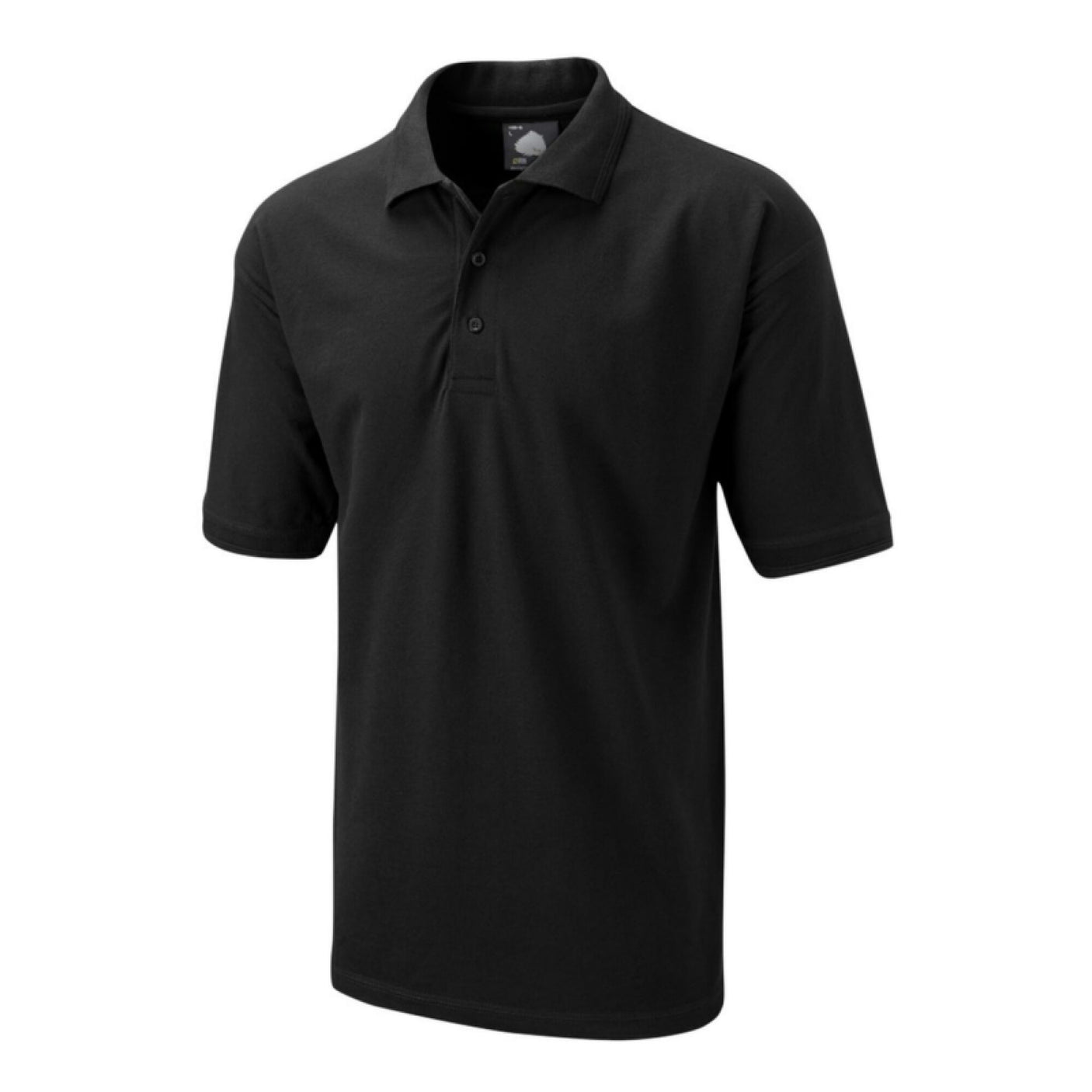 The Cottonmount Orn Eagle Polo Shirt Black is a plain black short-sleeve polo shirt featuring a collar and three buttons at the neckline, displayed against a white background. Designed as durable work clothing, this premium weight polo offers both comfort and style.