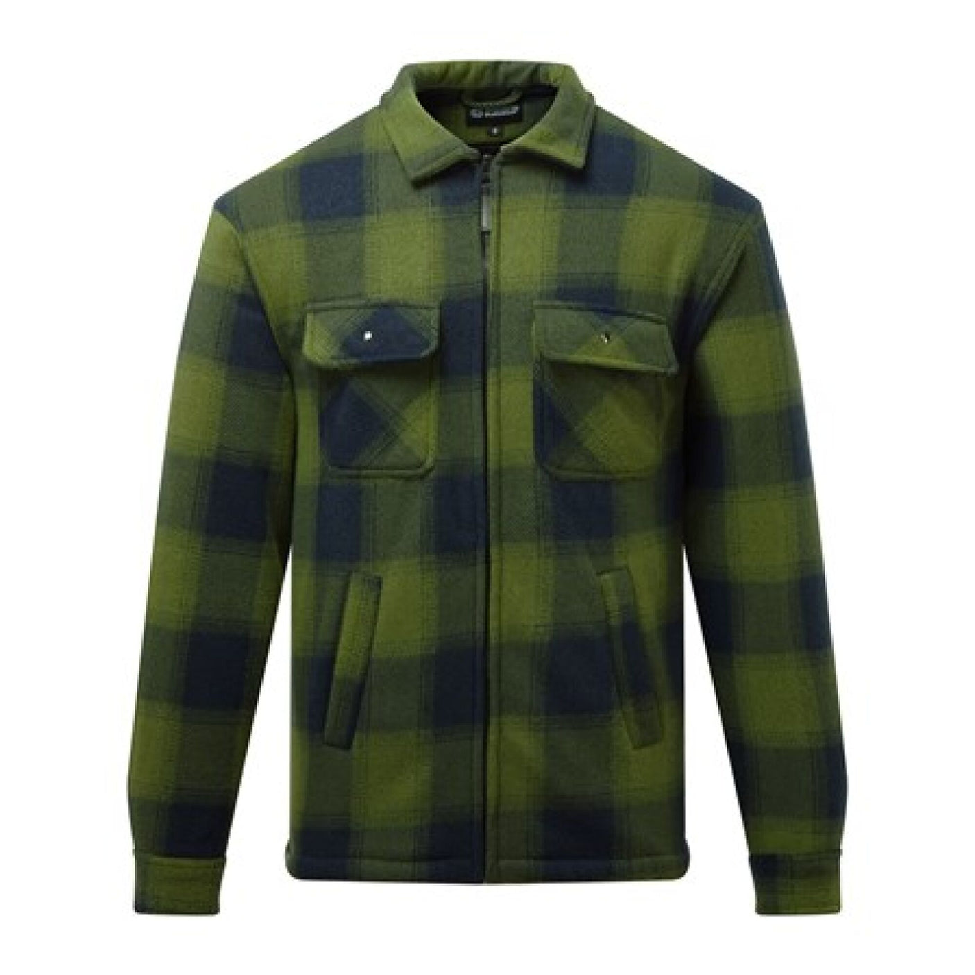 The Cottonmount Fort Portman Shacket Green features a green and navy plaid design with long sleeves, buttoned chest pockets, adjustable cuffs, and a front zipper closure. This shacket includes a collar, padded sleeves for added warmth, and offers a casual, relaxed fit.