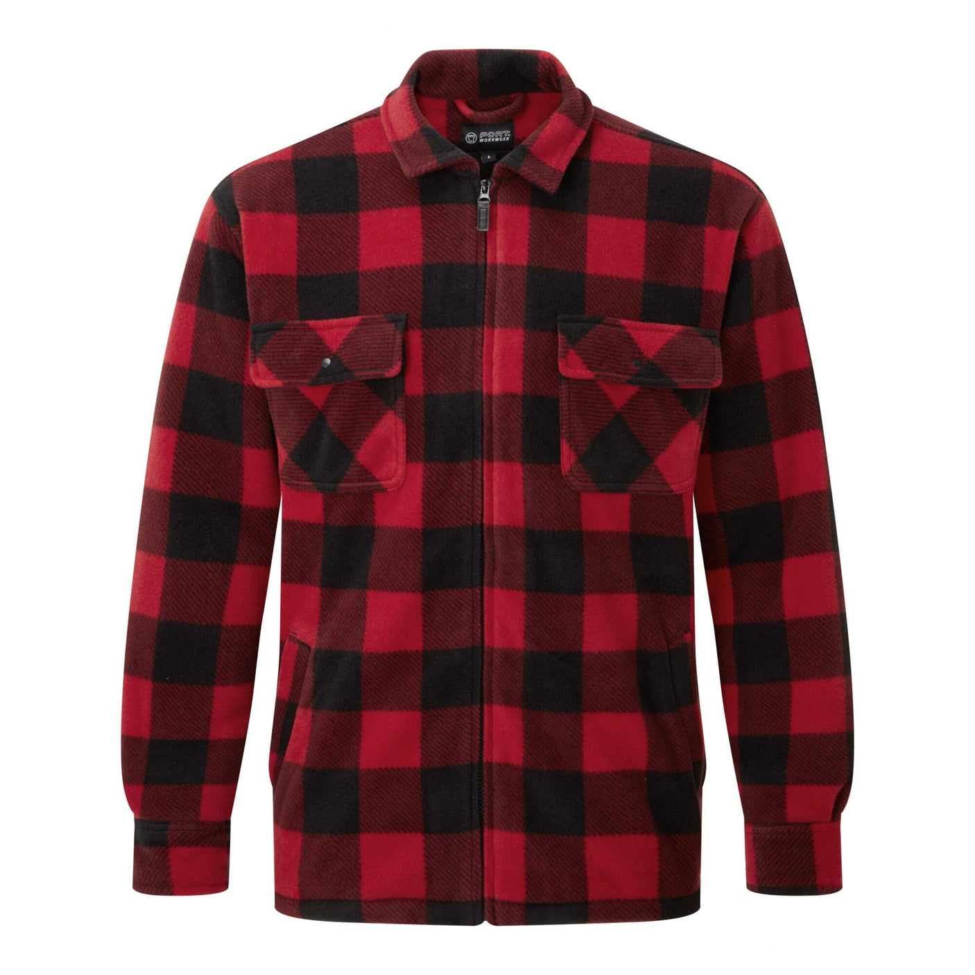 The Fort Portman Shacket Red from Cottonmount features a red and black checkered flannel design, complete with a front zipper, two chest pockets, long sleeves, a collar, and a cozy Sherpa fleece lining.