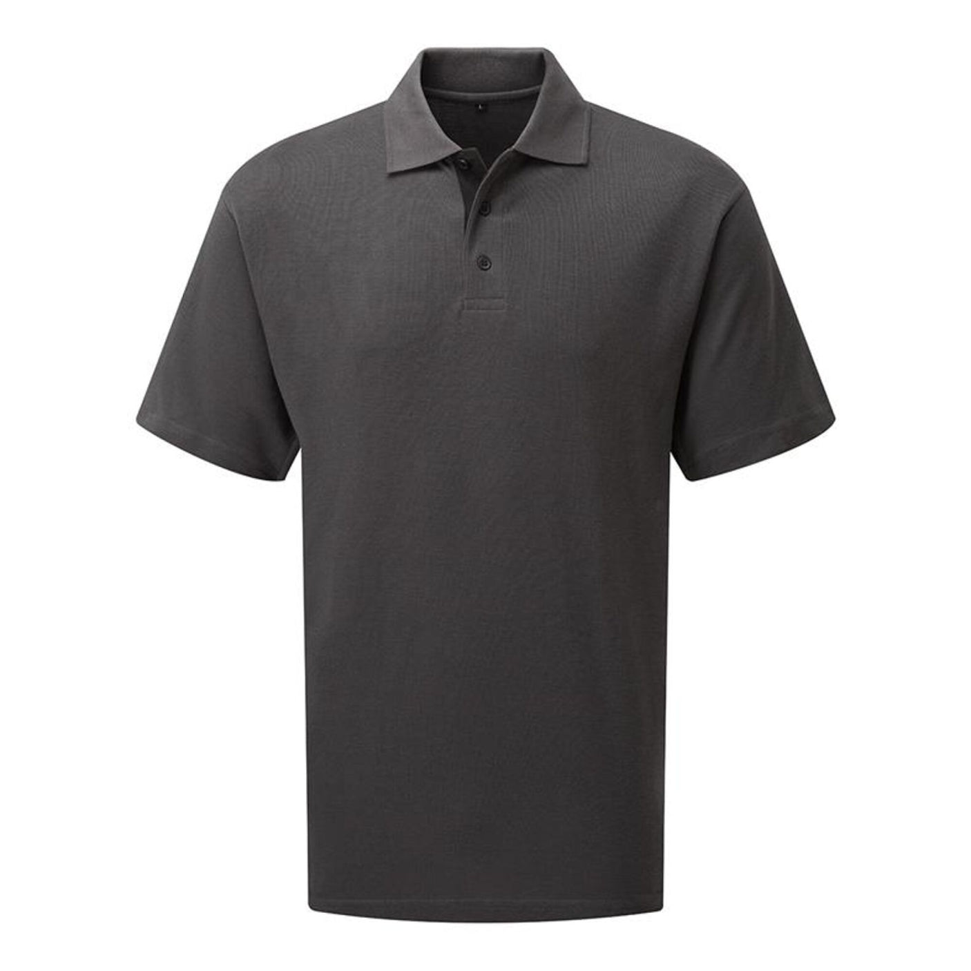 A plain grey short-sleeve Cottonmount Tuffstuff Pro Work Polo Shirt, featuring a collar and two buttons on the front, crafted from easy-care fabric for lasting comfort and quality workwear.