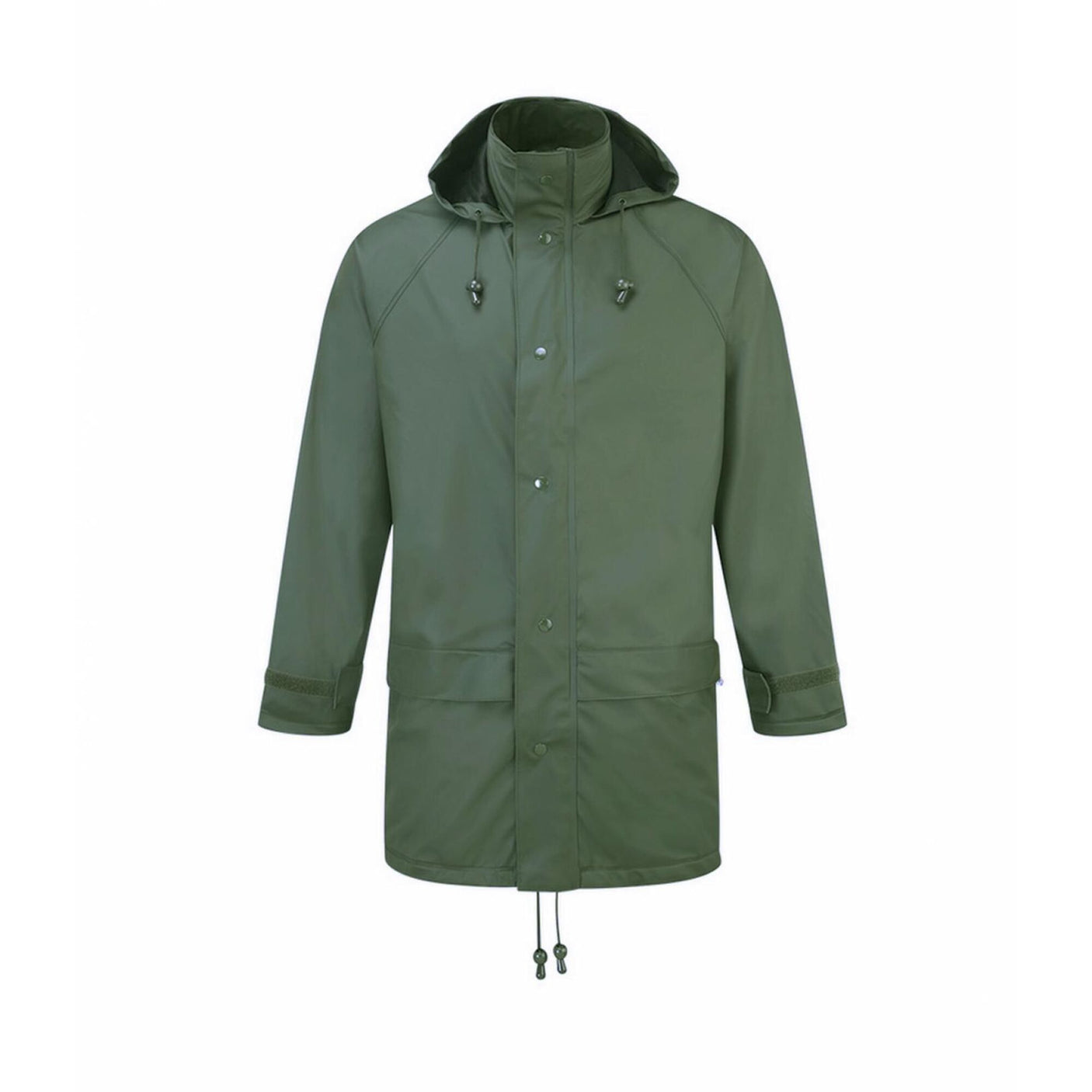 The Fort Flex PU Waterproof Jacket in olive green by Cottonmount, made from durable PU tricot fabric, features a front zipper and snap button closure, adjustable cuffs, and a drawstring hem for optimal rain protection.