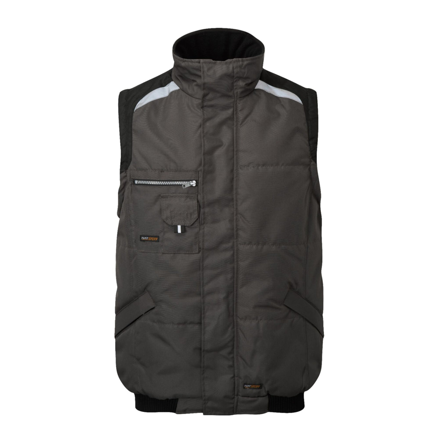 The Cottonmount Tuffstuff Pro Work Bodywarmer in Grey/Black is crafted from durable polyester and features a high collar, front zipper, multiple pockets—including one with a zipper—and reflective trim for enhanced visibility. Ideal as a work bodywarmer.