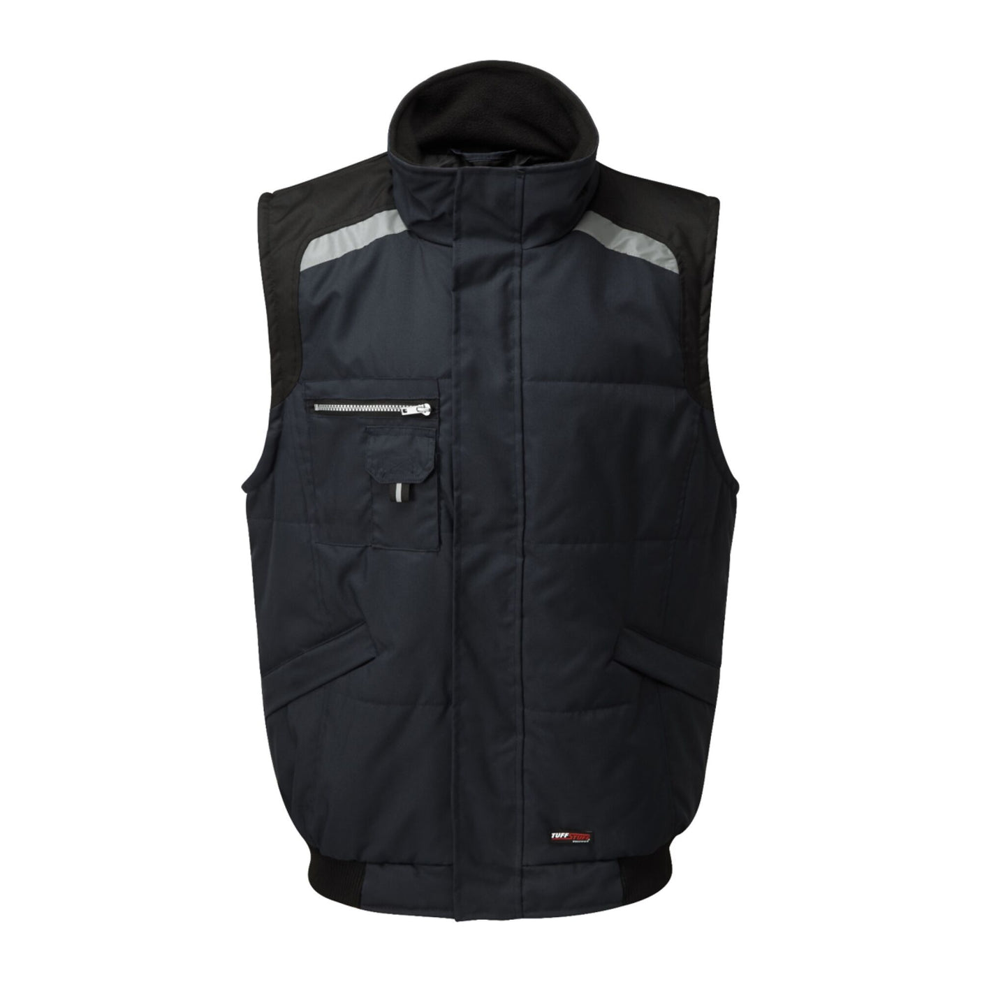 The Cottonmount Tuffstuff Pro Work Bodywarmer in navy and black features a sleeveless, insulated design with a high collar, multiple zippered and flap pockets on the front, reflective trim for enhanced visibility, and a small red and white logo near the bottom.