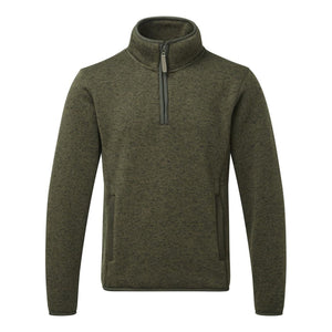 The Fort Easton 1/4 Zip Pullover in Olive Green, from Cottonmount, features a high collar and long sleeves, made from cozy 340gsm polyester sweater fleece. Two side pockets add functionality to this knitted Marl fabric design.