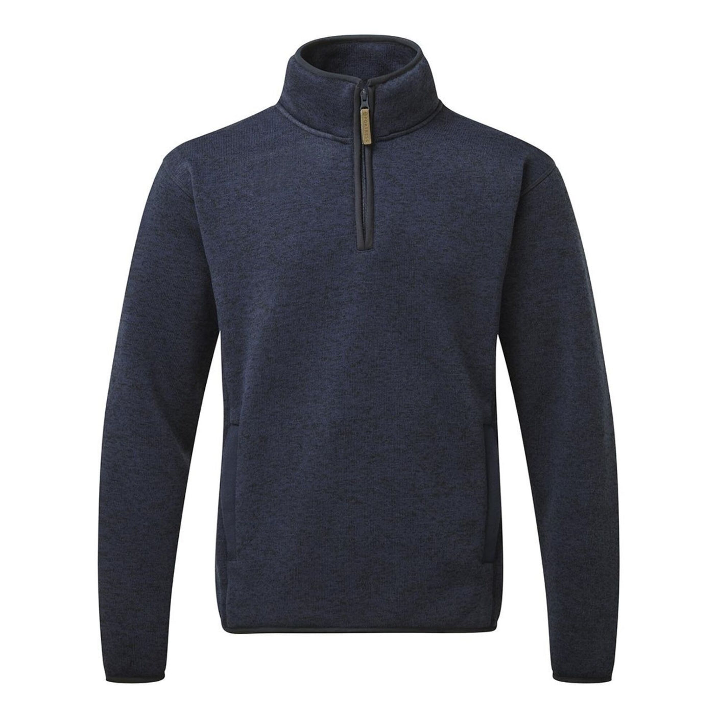 The Cottonmount Fort Easton 1/4 Zip Pullover Navy is a sweater fleece with a stand-up collar and long sleeves, featuring handy handwarmer pockets and displayed against a white background.