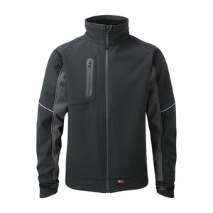 The Cottonmount Tuffstuff Stanton Softshell Jacket in Black/Grey features a high collar, a vertical chest pocket, and adjustable cuffs. This windproof jacket boasts contrasting gray panels on the sides, reflective piping on the sleeves, and breathable fabric for added comfort.