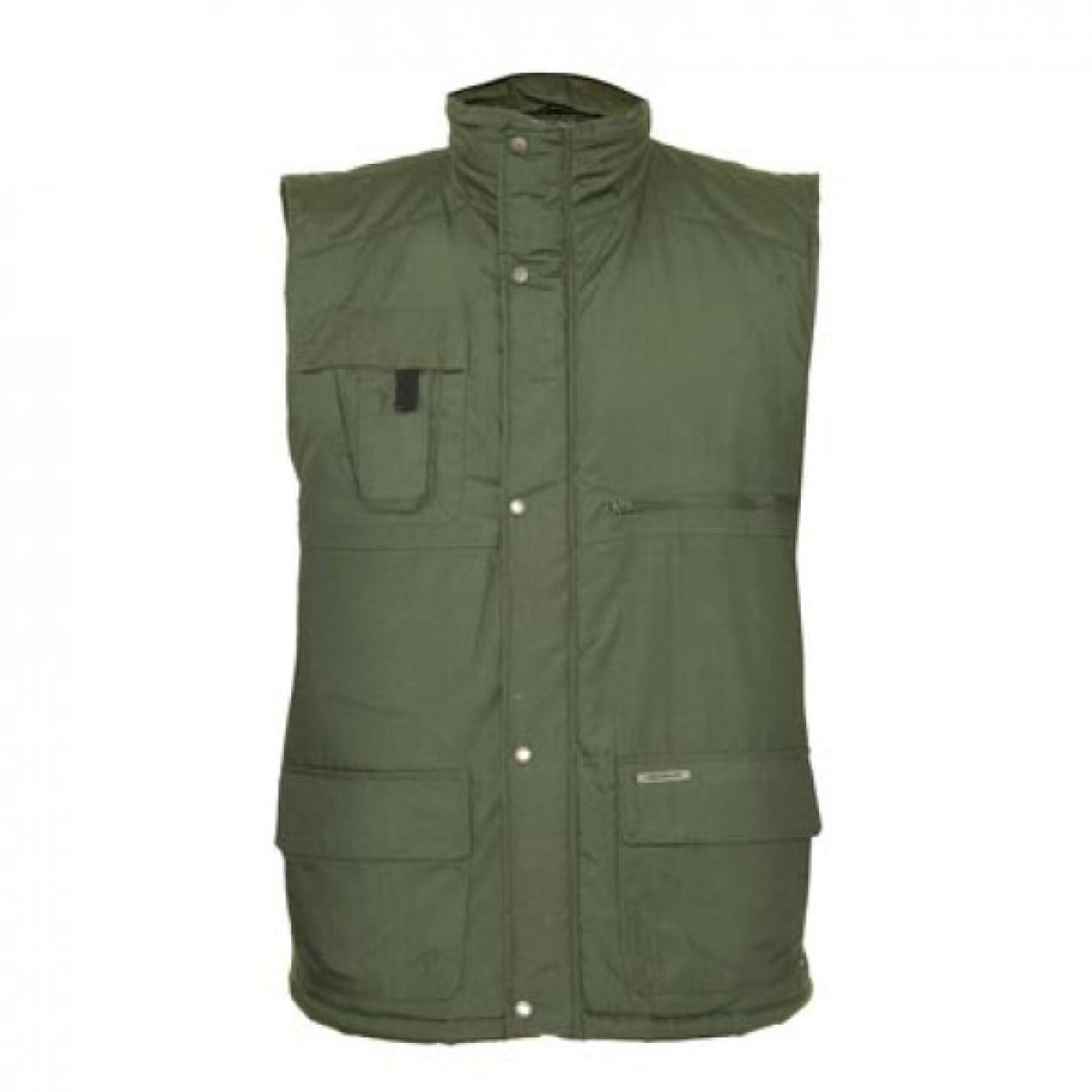 A Cottonmount Champion Peak Bodywarmer Green with a sleeveless design, multiple pockets, and a high collar. It features a polyester quilted lining for added warmth and a water-resistant finish, displayed against a plain white background.