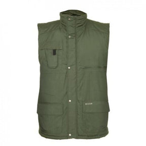 A Cottonmount Champion Peak Bodywarmer Green with a sleeveless design, multiple pockets, and a high collar. It features a polyester quilted lining for added warmth and a water-resistant finish, displayed against a plain white background.