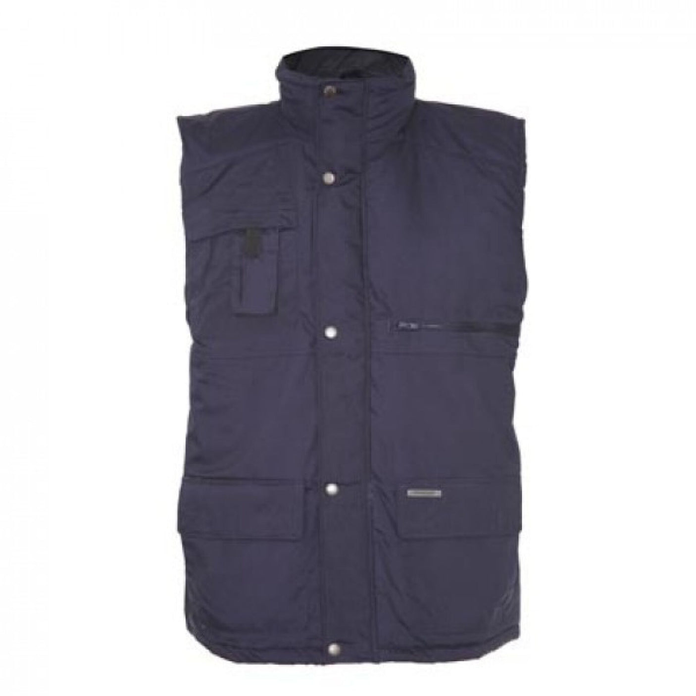 A sleeveless utility vest in navy blue with multiple pockets, a high collar, and a button closure down the front, featuring a quilted lining for added warmth. This Cottonmount Champion Peak Bodywarmer also boasts a water-resistant finish for optimal performance in various conditions.