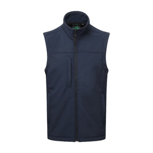 A Fort Breckland Softshell Bodywarmer by Cottonmount, featuring a sleeveless navy design with a high collar, water-resistant fabric, fleece-lined interior, and two side pockets.