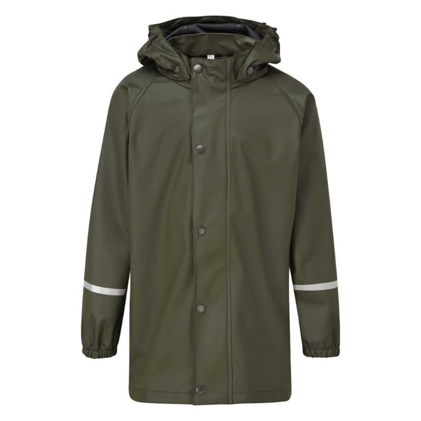 The Cottonmount Fort Kids Splashflex PU Waterproof Jacket in Olive Green is windproof, features a hood, front snap buttons, and reflective stripes on the sleeves.