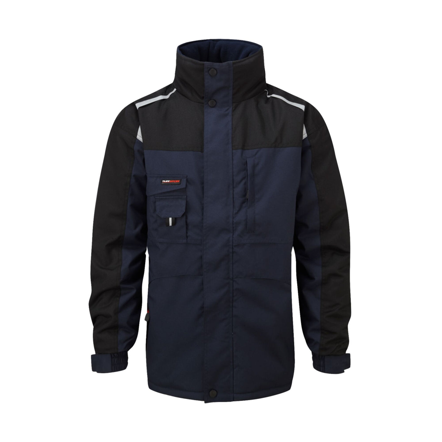 Introducing the Tuffstuff Cleveland Jacket Navy by Cottonmount: a durable, hardwearing polyester jacket in navy blue and black with a high collar, multiple pockets, adjustable cuffs, and waterproof fabric.