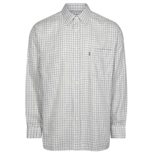 The Champion Epsom P/Cotton Long-sleeved Shirt Green by Cottonmount is a checkered white and green button-up shirt. Made from a blend of polyester and cotton, it boasts a classic collar and a single chest pocket.