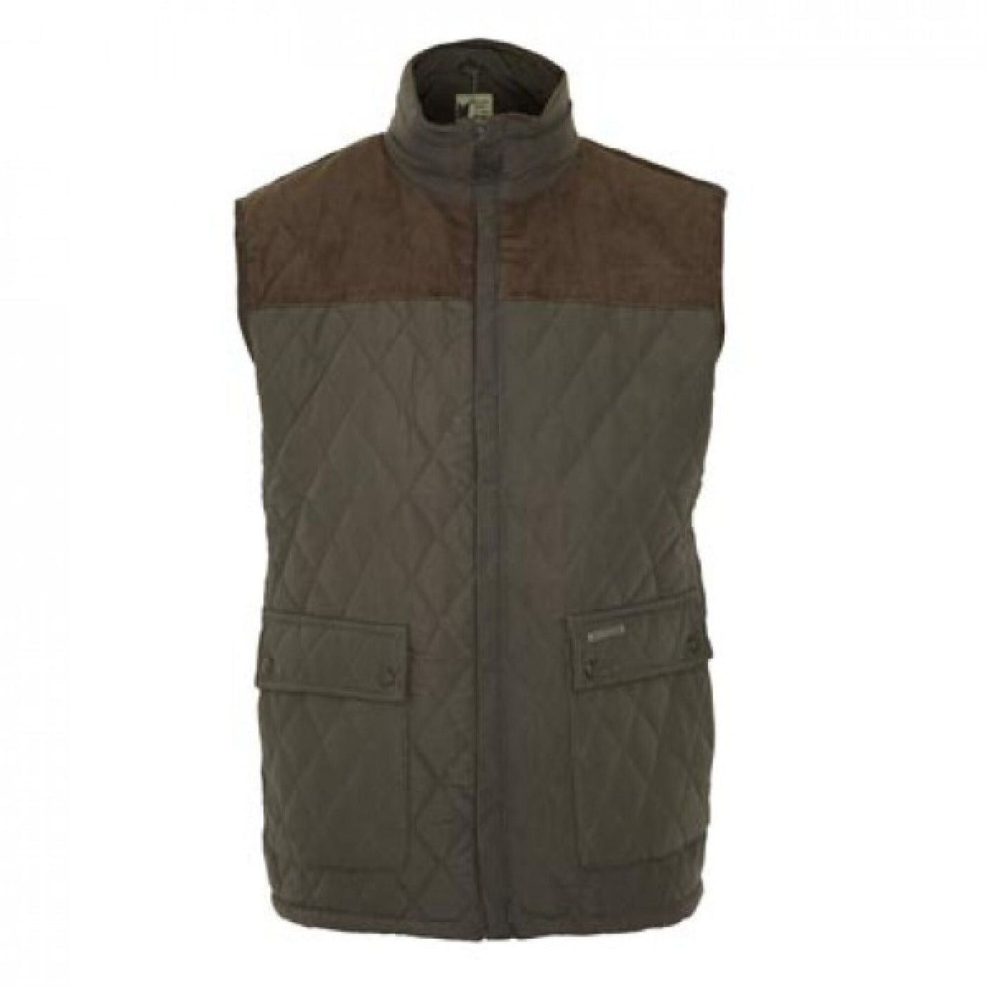 The Cottonmount Country Estate Arundel Quilted Bodywarmer Green is a green quilted vest with a dark brown shoulder yoke, front zipper closure, and two buttoned front pockets.