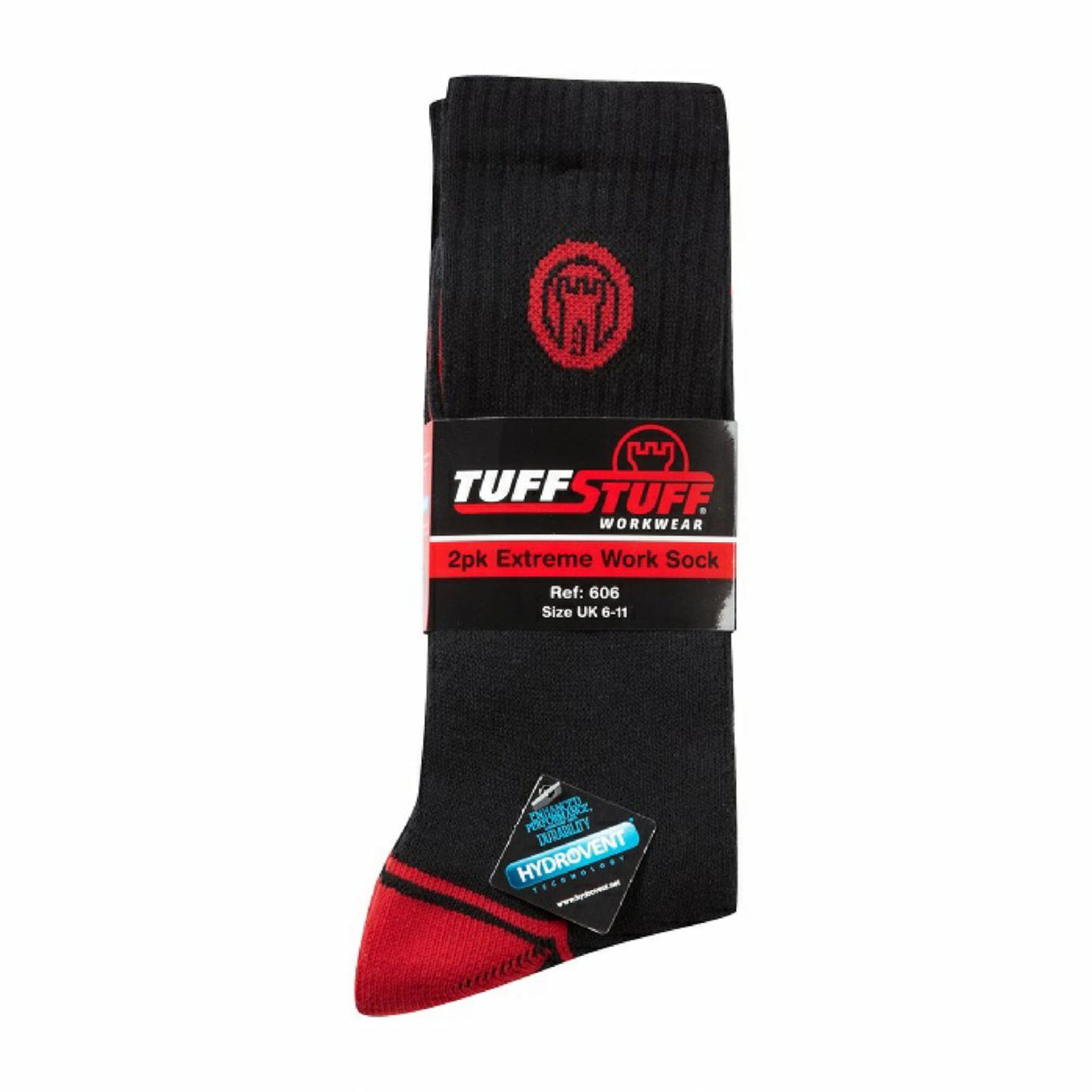 Package of Cottonmount Tuffstuff Hydrovent Extreme Work Sock 2 Pack, size UK 6-11, grey with red accents. These cushioned socks offer enhanced breathability and ultimate comfort during hard labor.