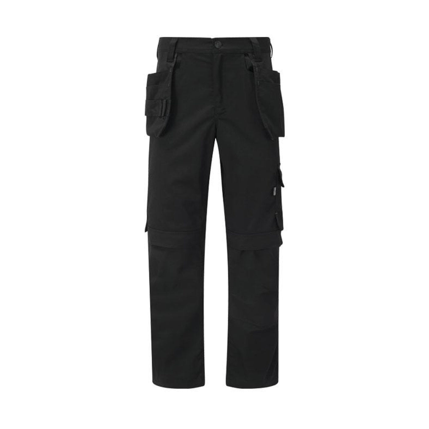 Cottonmount Tuffstuff Proflex Stretch Work Trousers in Black are designed for utility and durability, featuring multiple pockets, a button closure, straight-cut legs, kneepad pockets, and a reinforced holster pocket.