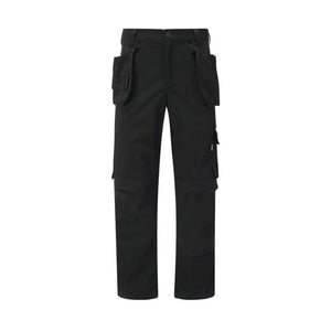 Cottonmount Tuffstuff Proflex Stretch Work Trousers in Black are designed for utility and durability, featuring multiple pockets, a button closure, straight-cut legs, kneepad pockets, and a reinforced holster pocket.