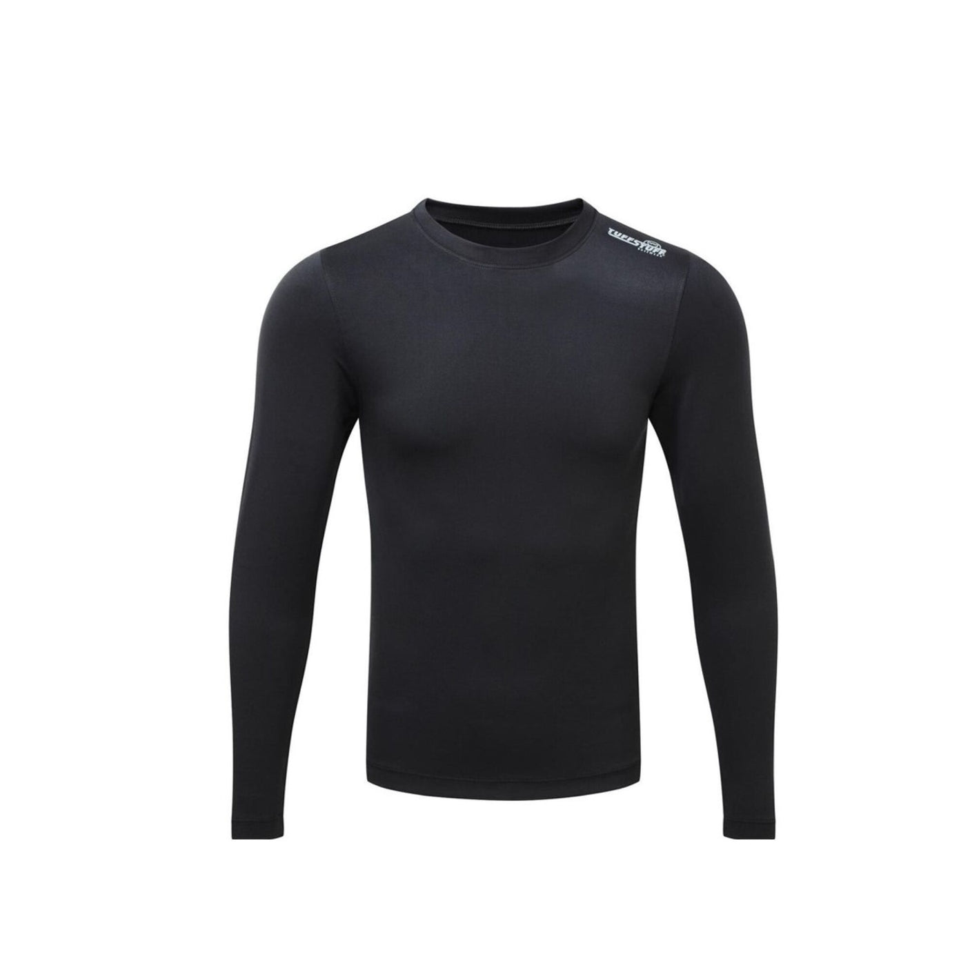 The Tuffstuff Basewear Long-Sleeved Top Black by Cottonmount is a black, long-sleeve, crew neck men's shirt crafted from breathable base layer fabric and features a white logo on the shoulder.