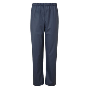 The Fort Kids Splashflex PU Waterproof Trouser Navy by Cottonmount is a pair of waterproof trousers featuring an elastic waistband, specifically designed for wet weather.