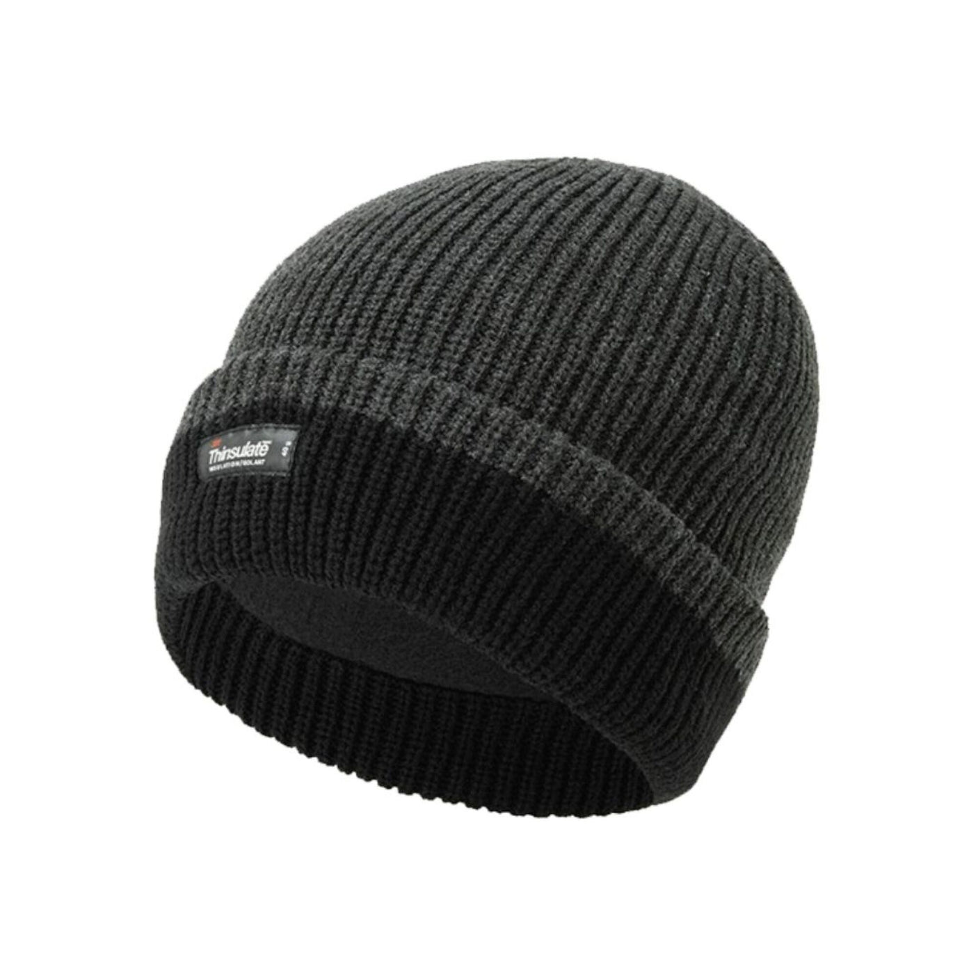 The Cottonmount Thinsulate 2-Tone Ribbed Ski Hat in Black features a chunky knit design with a turn-up brim and 3M Thinsulate fleece lining for extra warmth, and includes a Thinsulate label on the front.