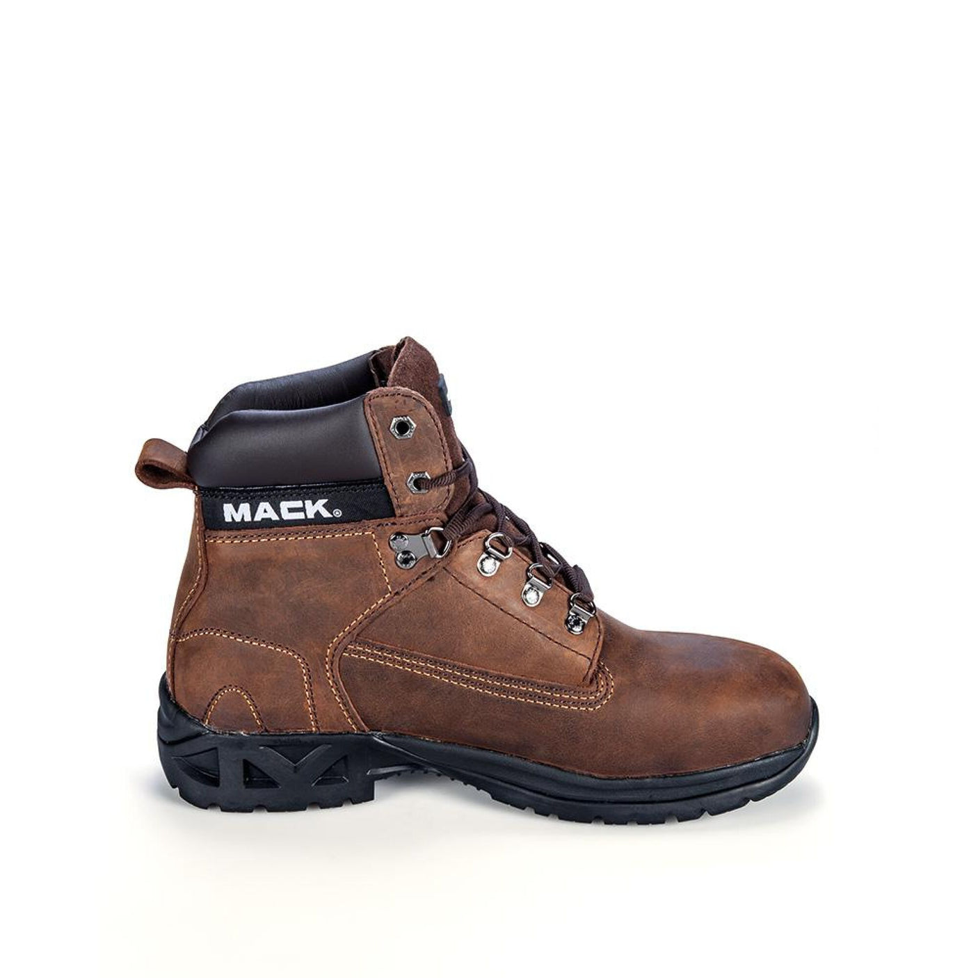 A brown leather safety work boot with black laces and a black sole, reminiscent of hiking style boots. The brand name "Cottonmount" is printed in white on the side, and the product is named "Mack Bulldog SB Safety Laced Boot Brown.