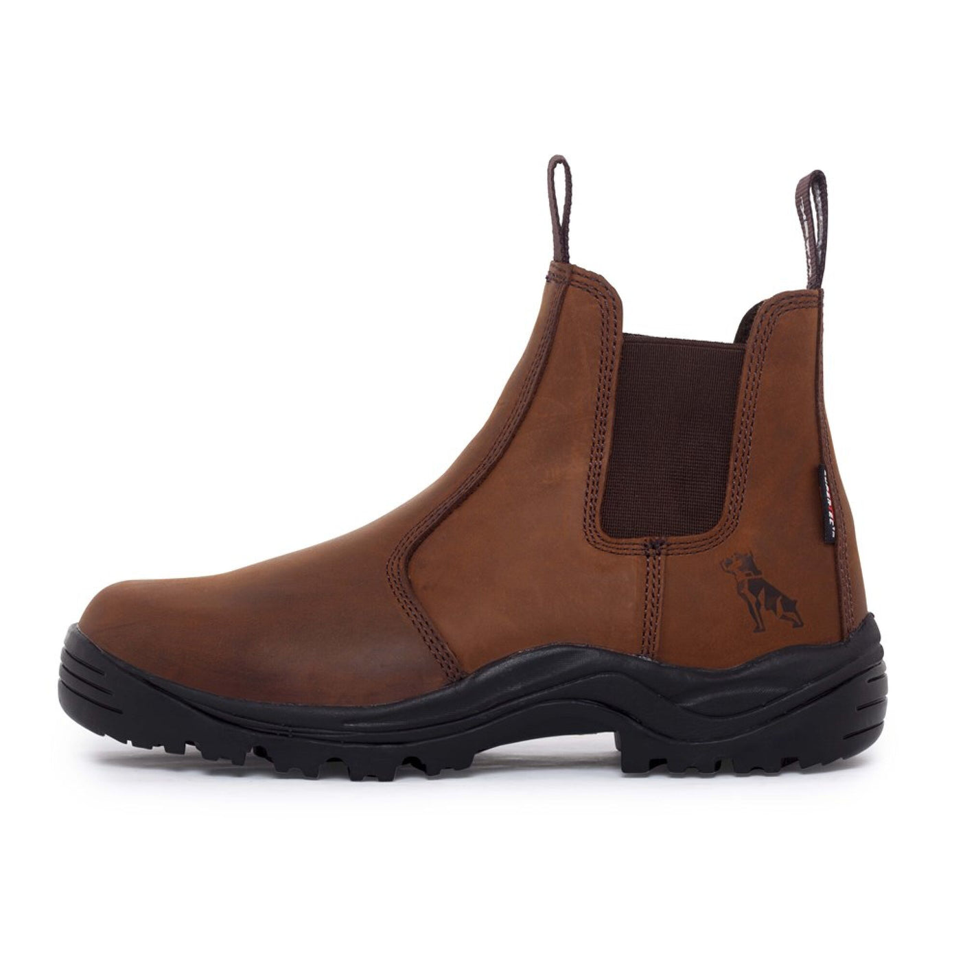 The Cottonmount Mack Farmer Non-Safety Dealer Boot in Dark Brown is a slip-on boot featuring black elastic side panels, a rugged black sole, and pull tabs at both the front and back. It's crafted from water-resistant cowhide with Cambrelle lining, and it displays a small animal logo on the upper heel side.