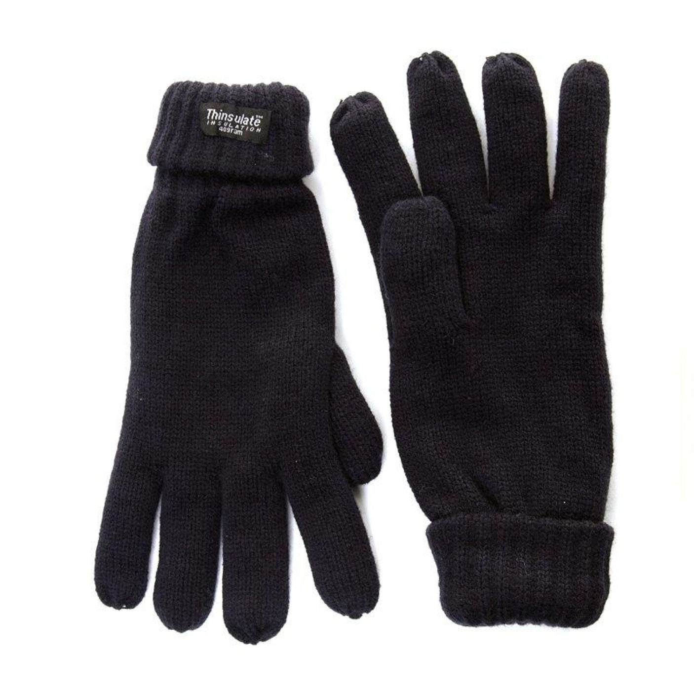 A pair of Cottonmount Adults Thinsulate Acrylic Gloves in black, with one glove laid flat and the other turned up at the wrist to highlight the double cuff detail and Thinsulate label.