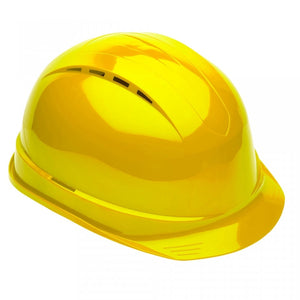 The Cottonmount Safety Helmet Yellow features a shiny yellow finish with a smooth surface, ventilation slits on the top, and a lightweight, breathable design. It complies with the EN 397:2012+A1:2012 standards.