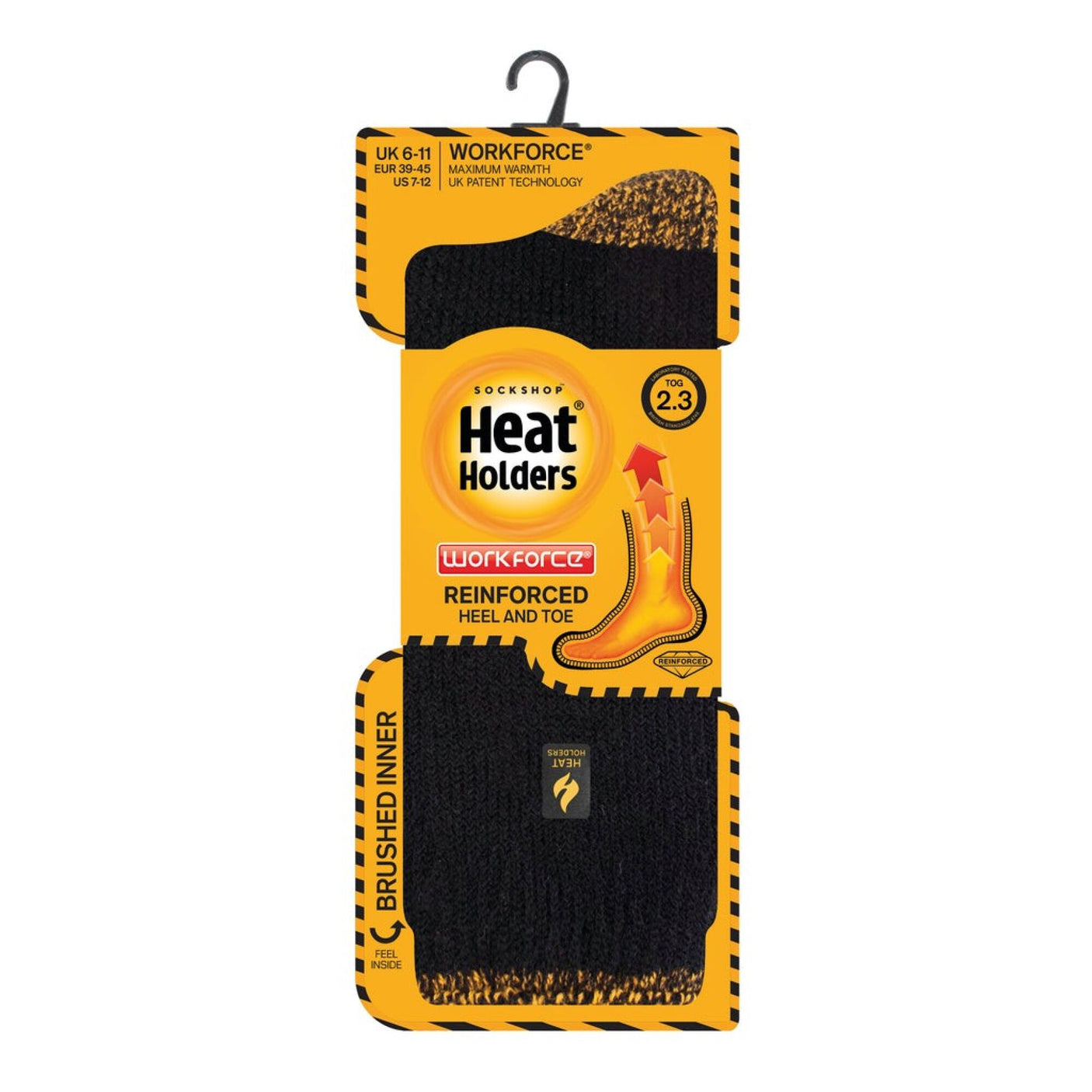 Image of the Heat Holders Workforce Sock Black/Orange packaging from Cottonmount. The yellow and black package highlights that these extra-long socks are reinforced with a brushed inner layer, designed for sizes UK 6-11, EU 39-45, US 7-12.