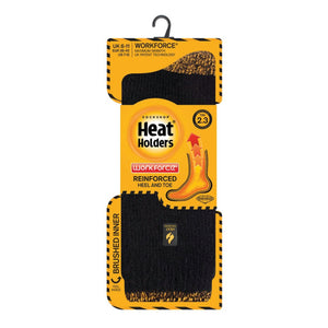 Image of the Heat Holders Workforce Sock Black/Orange packaging from Cottonmount. The yellow and black package highlights that these extra-long socks are reinforced with a brushed inner layer, designed for sizes UK 6-11, EU 39-45, US 7-12.