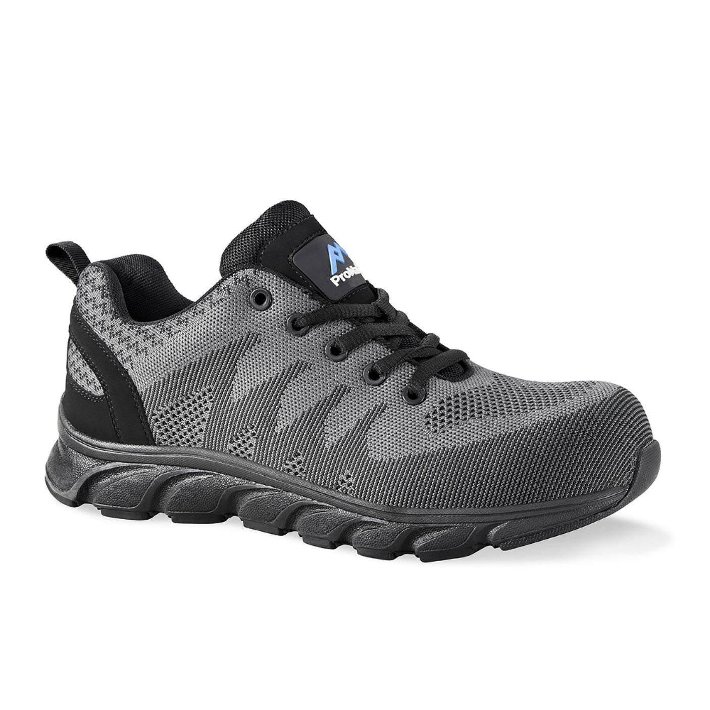 The Proman Atlanta S3 Safety Trainer by Cottonmount is a black and gray athletic shoe featuring a breathable mesh upper, black laces, a shock-absorbing rubber outsole, and a subtle logo on the tongue.