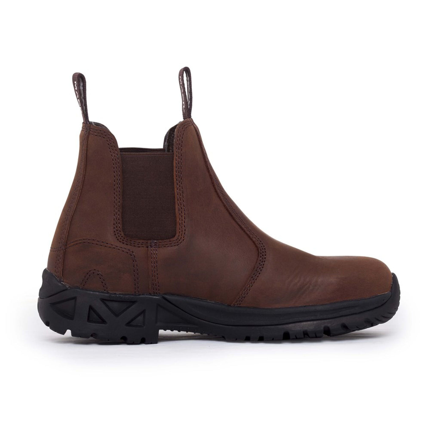 A Cottonmount Mack Rider SB Safety Dealer Boot in dark brown cowhide leather, featuring black rubber soles, steel toecaps, and pull tabs at the front and back.