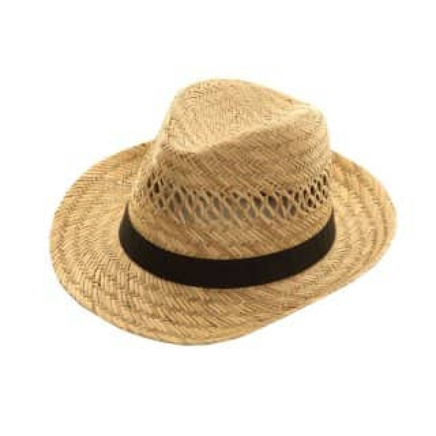 The Mens Fedora Straw Hat Natural by Cottonmount is a men's hat made of 100% straw, featuring a beige tone with a black band around the base of the crown and showcasing woven ventilation details on the crown.