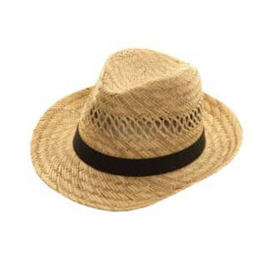 The Mens Fedora Straw Hat Natural by Cottonmount is a men's hat made of 100% straw, featuring a beige tone with a black band around the base of the crown and showcasing woven ventilation details on the crown.