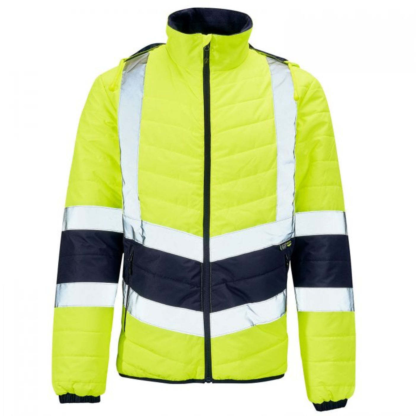 The Cottonmount Hi-Vis Reflective 2-Tone Puffer Jacket in Yellow/Navy is designed for safety with its bright yellow color, featuring reflective silver and black stripes, a stand-up collar, and zipped pockets for added convenience.